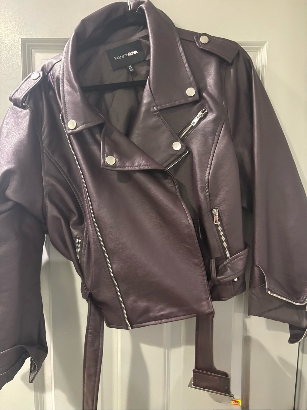 Fashion Nova Dark Plum Faux Leather Moto Jacket with Belt